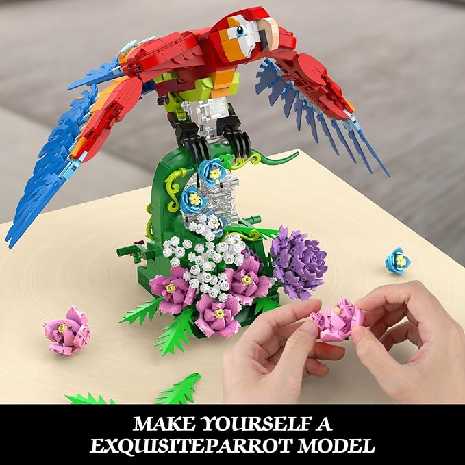 Parrot Floral Building Set, MOC Flower and Parrot Collectible Table Art Kit, Creator 2 in 1 Animals Bird Ideas Gifts Toys for Adults and Kids Age 12+ (1176 PCS)