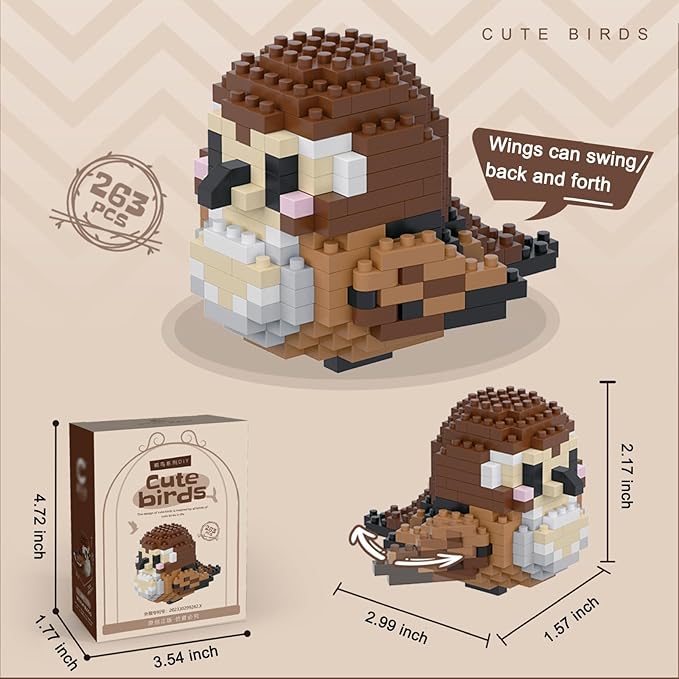Birds Building Blocks for Adults Mini Building Blocks Birds Building Bricks Toy Micro Block Building Set Gift for Kids and Adults-263 PCS(Sparrow)