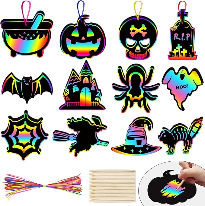 Halloween Scratch Crafts for Kids - 48PCS Halloween Magic Rainbow Scratch Paper for Halloween Party Favors - Kids Halloween Party Games Toys Gifts