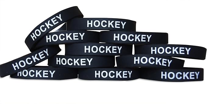 Novel Merk 12-Piece White Text Black Hockey Party Favor & School Carnival Prize Sports Silicone Wristband Bracelet