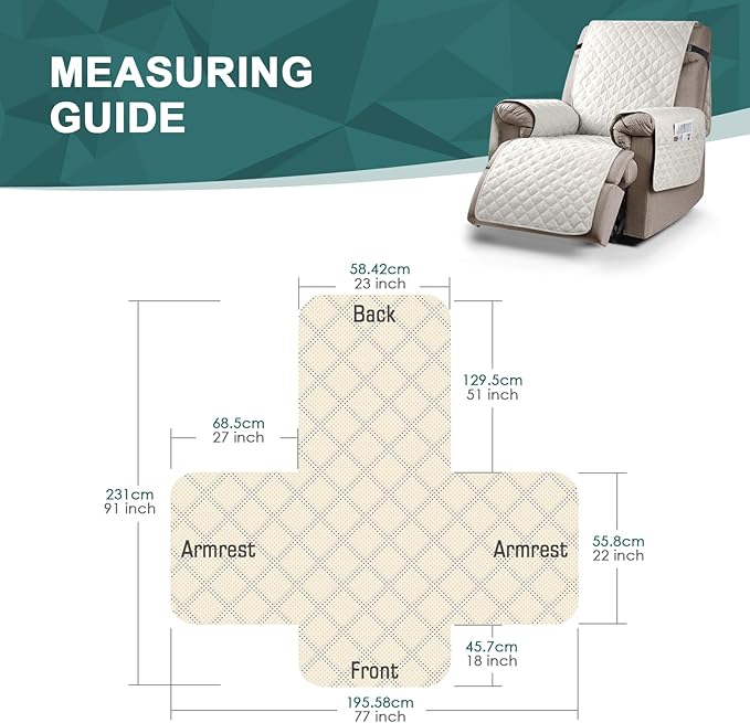 Ruaozz 100% Waterproof Recliner Chair Cover Non-Slip Reclining Cover for Recliner Chair Washable Chair Seat Cover with Elastic Straps for Kids, Dogs, Pets (Beige, 23'')