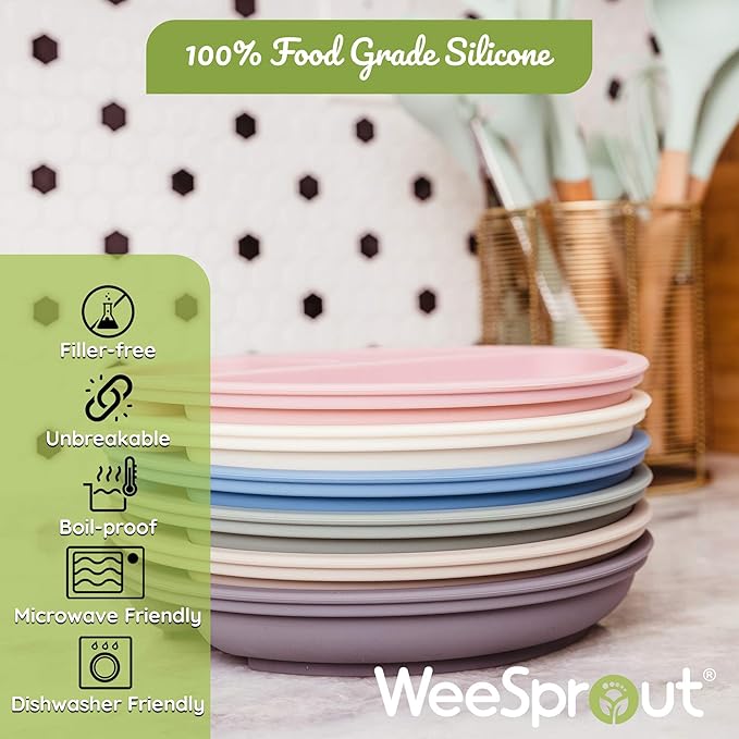 WeeSprout Suction Plates for Babies & Toddlers - 100% Silicone, Dinnerware Stays Put, Divided Design for Picky Eaters, Microwave & Dishwasher Friendly, 3 Pack (Matte Pink, Purple & Blush Pink)