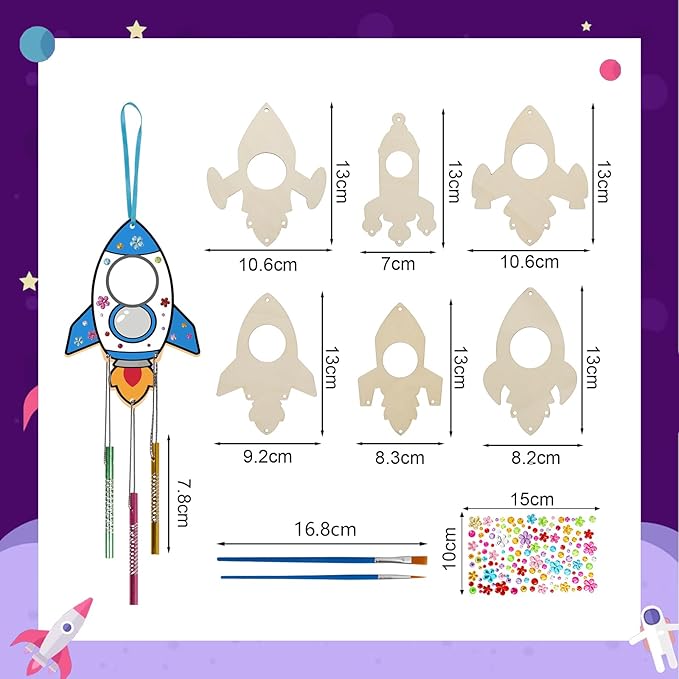 Fennoral 12 Pack Wind Chime Kit for Kids Make Your Own Rockets Wind Chime Craft Wooden Arts and Crafts for Girls Boys DIY Coloring Rockets for Art Activity Birthday Party Decoration