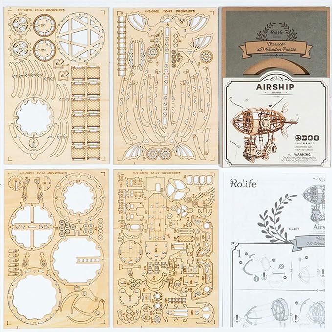 Rolife 3D Wooden Assembly Puzzle Wood Craft Kit-DIY Model Toy-Home Decoration-Best Educational Christmas Birthday Day Gift for Boys Girls Friends Son Adult (Airship)