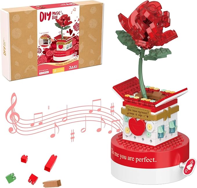 Building Blocks Music Box, Christmas Tree Building Blocks Kits Rose Flower Music Box Building Kit Christmas Building Block,Gift for Girlfriend Wife(Music Box - Rose)