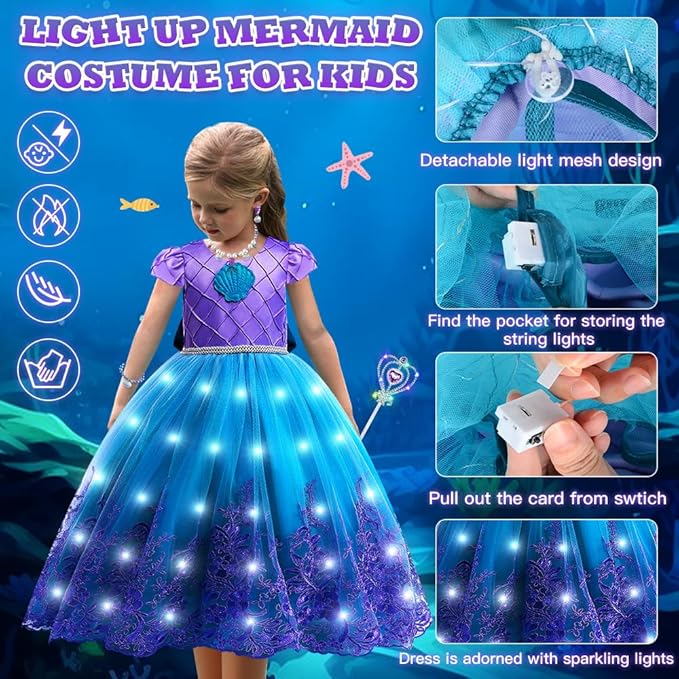 TOLOYE Princess Dresses for Girls, Light Up Mermaid Unicorn Costume Dress with Accessories for Halloween Carnival Cosplay
