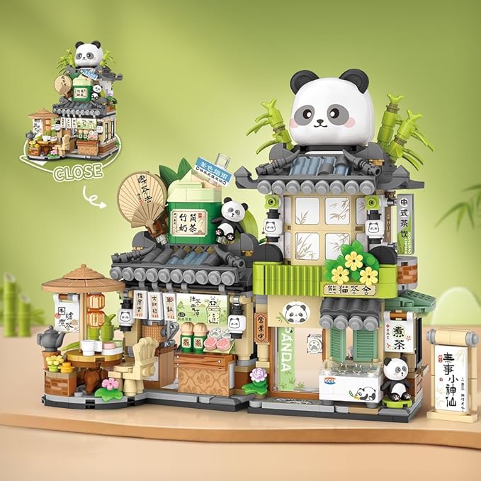 City Tea House Building Blocks Set, Openable Panda Construction Tea Shop Building Toys for Boys Girls Age 8+, 860pcs Mini Bricks (Not Compatible with Lego)