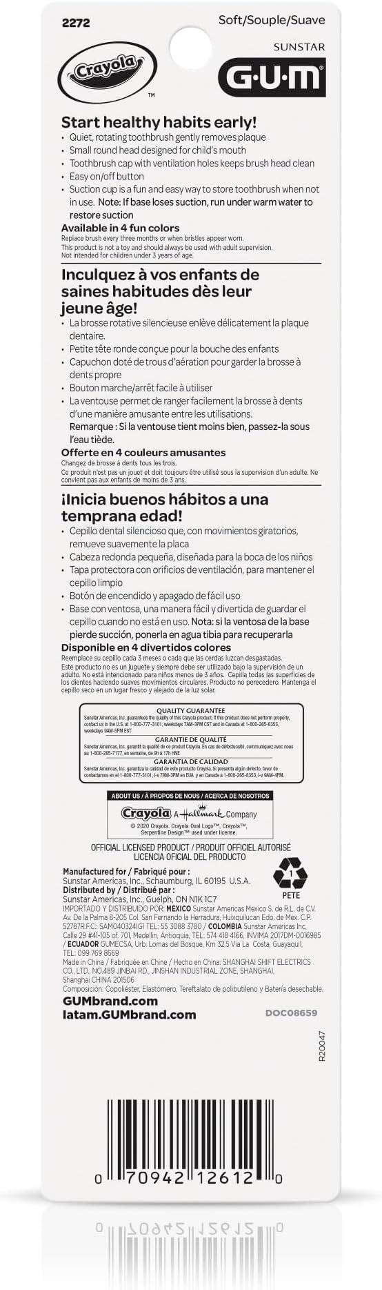 GUM Crayola Power Toothbrush for Kids, Extra Soft Bristled Toddler Toothbrushes, Travel Cap + Suction Cup Base, Batteries Included, 1ct