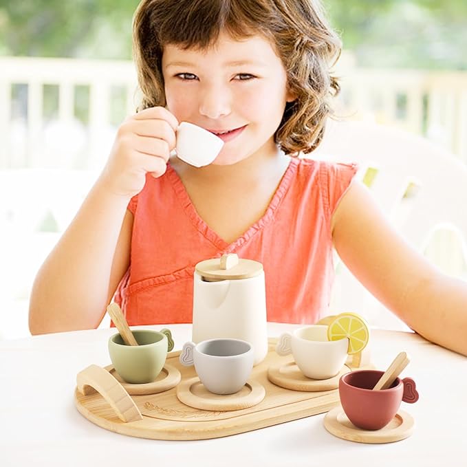 Tea Party Set for Little Girls,Wooden Tea Set,Princess Tea Time Sets for Kids Best Gifts for Toddler with Silicone Teapot Cups Wood Tray Scoop,Dishwasher Safe