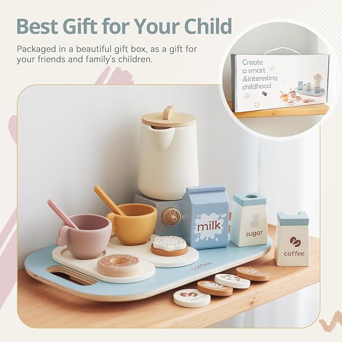 EERKEOD Tea Party Set for Kids Wooden Tea Sets for Toddler Girl Toys Pretend Play for Little Girls Kitchen Play Food Accessories Sets Wooden Educational Toys Gifts with Silicone