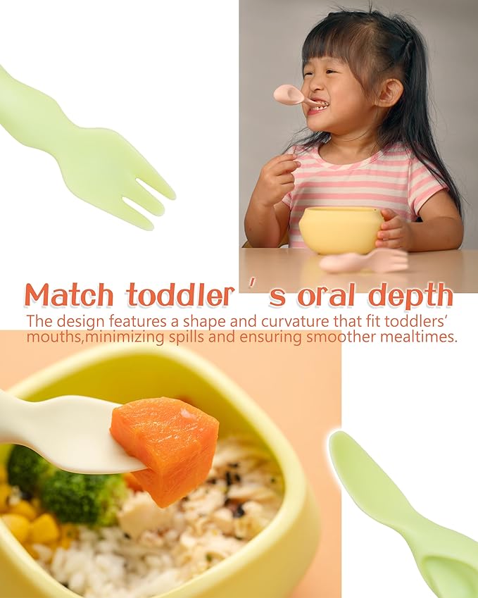 Toddler Utensils Set Ergonomic Fork and Spoon and Bowl Set Non-Slip Design for baby 12+ Month Self-Feeding Olds BPA Free Silicone Microwave and Dishwasher Safe Fine Motor Skills (Pink)