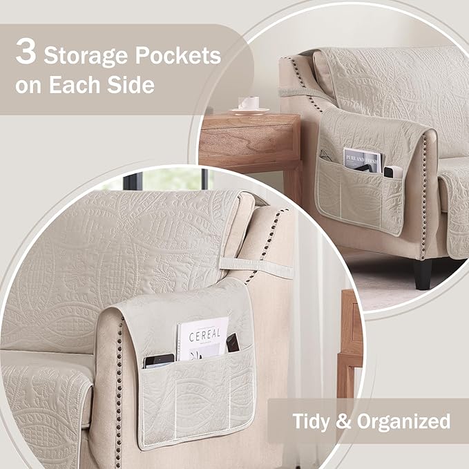 Soft Quilted Couch Cover with Pockets for Extra-Large Sofa, Anti-Slip Sofa Covers Washable for 3 Cushion Pet Friendly, Oversized Sofa Cover Water-Repellent (X-Large Sofa 78", Beige Cream)