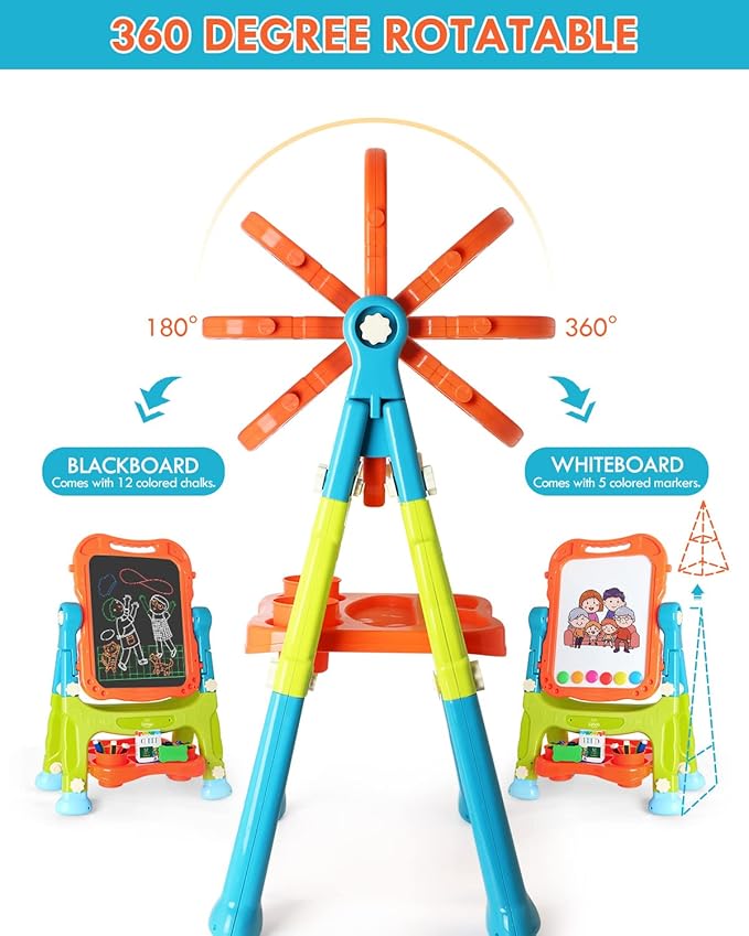 Lehoo Castle Easel for Kids, 4 in 1 Double Sided Kids Art Easel with Magnetic White Board & Chalk Board, Adjustable Standing Toddler Easel with Drawing & Writing Accessories - Gift for Boys and Girls