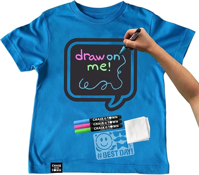 Blue Speech Bubble Chalkboard Short Sleeve T-Shirt Kit for Kids with 3 Markers and 1 Stencil (Youth X-Small)
