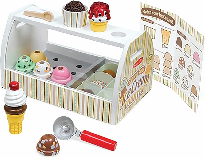 Melissa & Doug Wooden Scoop and Serve Ice Cream Counter (28 pcs) - Play Food and Accessories - Pretend Food Toys, Ice Cream Shop Toys For Kids Ages 3+