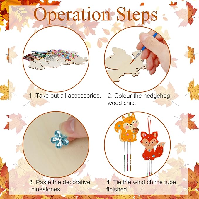 9 Pack Wind Chime Kit for Kids,Fall Craft Kits Autumn Animals Wind Chime Decorative Wooden Hanging Ornaments DIY Painting Craft for Boys Girls Thanksgiving Halloween Party Supplies