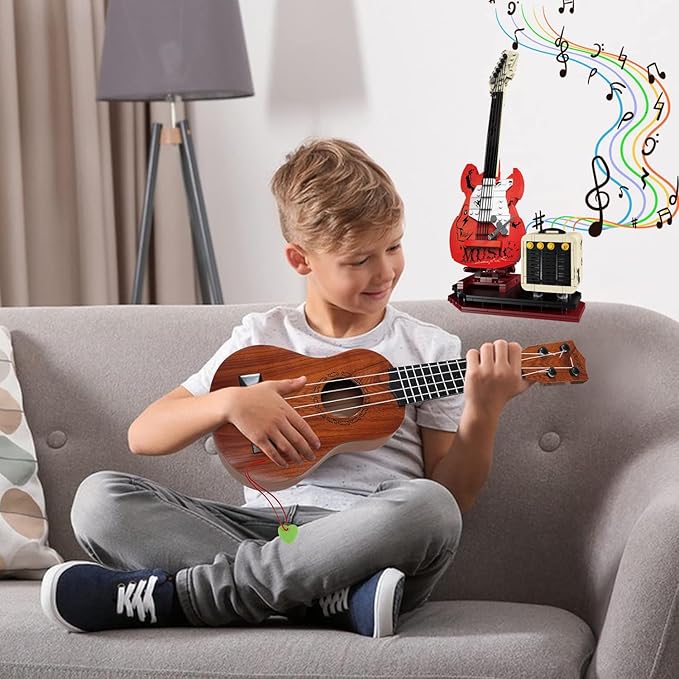 Guitar Music Interactive Building Set for Music Lovers, DIY Guitar Model Toy Compatible with Lego，Reverb Amplifier & Authentic Accessories, Perfect Way to Rock Gift Giving.