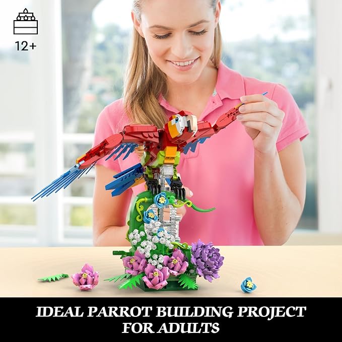 Parrot Floral Building Set, MOC Flower and Parrot Collectible Table Art Kit, Creator 2 in 1 Animals Bird Ideas Gifts Toys for Adults and Kids Age 12+ (1176 PCS)