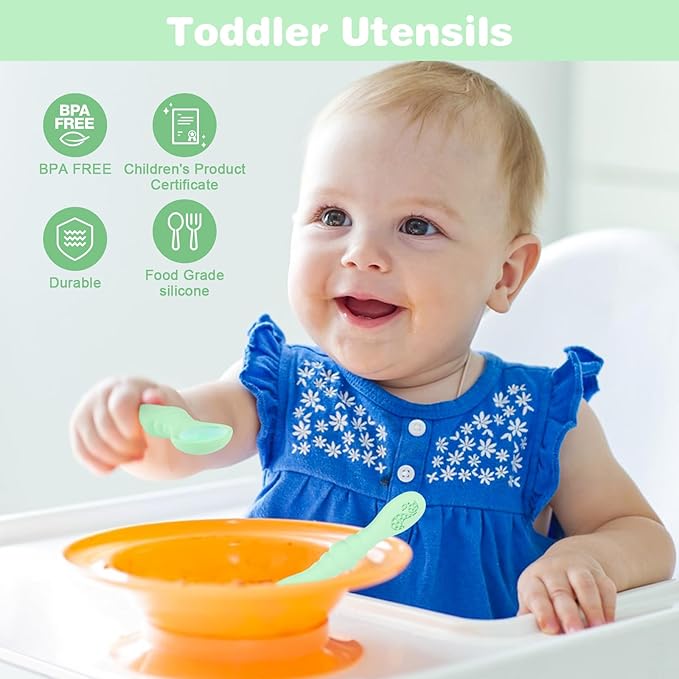Silicone Baby Spoons Self Feeding 6+ Months 3PCS Toddler Forks and Spoons Utensils Baby Led Weaning Teething Spoon Infant Spoons First Stage Newborn Baby Essentials Baby Gifts(Green)