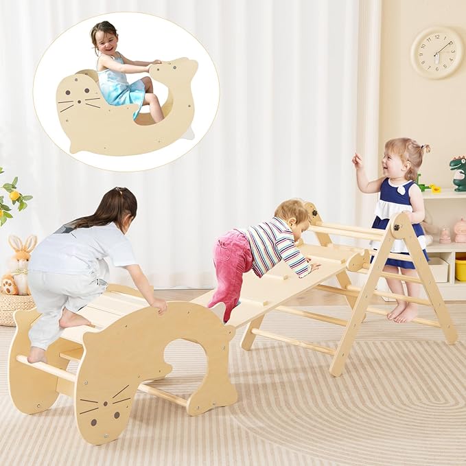 Costzon Climbing Toys for Toddlers, Foldable Montessori Wooden Arch Climber Ladder with Sliding Ramp, Play Table, Multi-Combination Methods, Kids Triangle Climber Play Gym Set for Boys Girls Present