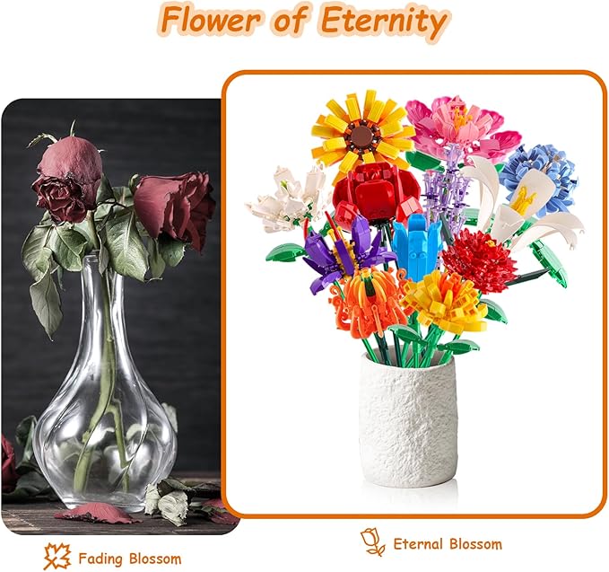 Flowers Bouquet Building Set (1064PCS), 12 Kinds Artificial Flowers Bouquet Set for Adults, Kids, Boys, Girls, Idea Gifts for Mother's Day, Birthdays, Creative Toys Kits Decor for Home Room