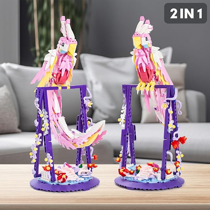 Flowers and Parrot 2 in 1 Building Sets Rotatable 360° Compatible with Lego Sets for Adult, Creative Bird Botanical Collection Set Decor for Home Office, Gifts for Boys Girls Age 8+ Kids 630PCS Pink