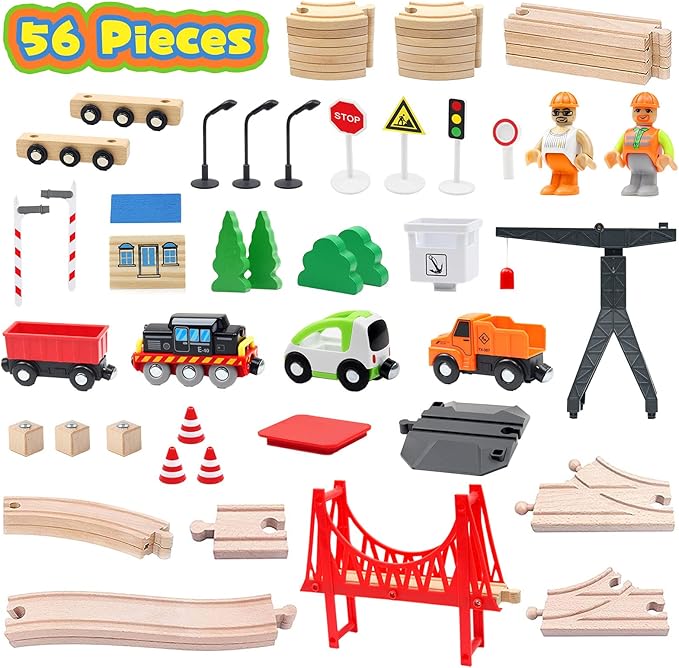 WOOD CITY Wooden Train Set, 56-Piece Deluxe Kids Toy Train Set for 2 3 4 5 Year Old Boy, Cargo-Themed Train Track with Tower Crane & Suspension Bridge - Fits Thomas Brio Chuggington Melissa Orbrium
