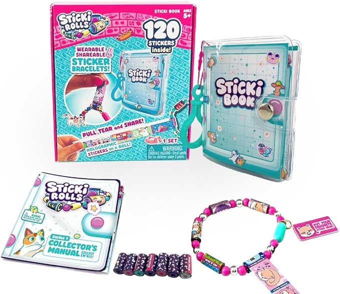STICKI Rolls Sticki Book - Wearable & Shareable Sticker Bracelet + Collection Sticki Book | Includes 120 Mini Stickers | 50 Activity Pages | Over 1000 Fun Sticker Designs to Discover and Collect!