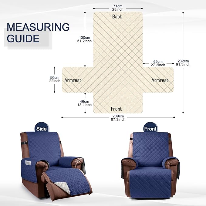 KinCam 100% Waterproof Recliner Chair Cover, Reclining Couch Covers for Pets, Dogs, Recliner Couch Slipcover Furniture Protector with Elastic Straps for Kids(28", Blue)