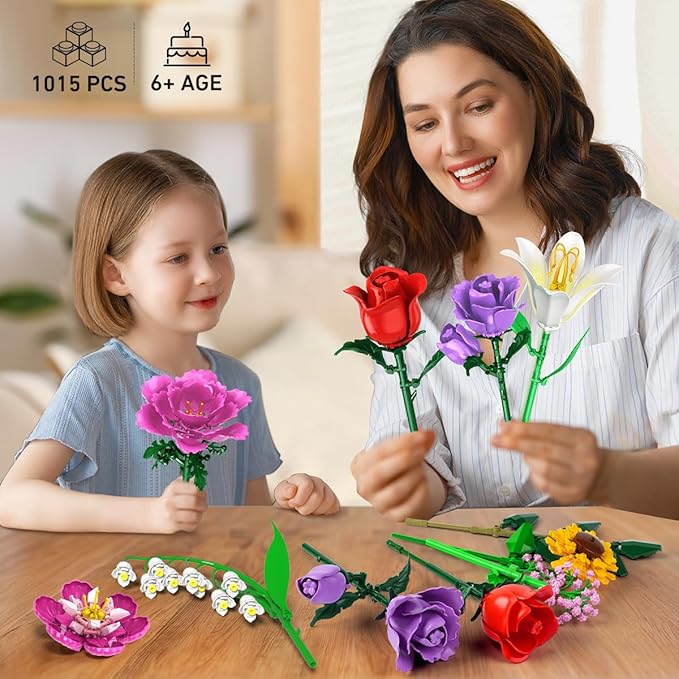Flower Bouquet Building Set Valentines Day, 18 Flowers Rose Building Block, Botanical Collection Building Block Toy Plant Home Decor 1015 PCS, Gift for Her Adults Women Kids Boys Girls 8-12+