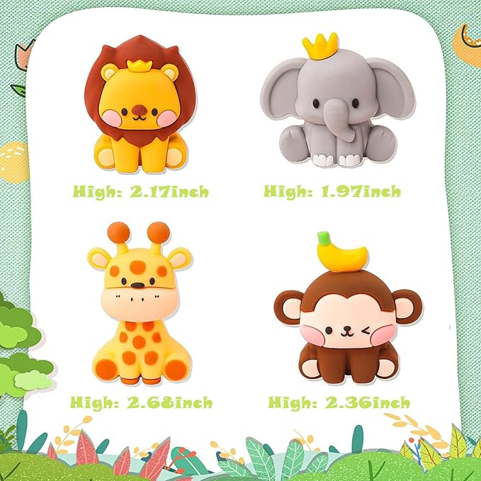 12 Pcs Jungle Safari Animal Cake Toppers with Elephant Giraffe Lion Monkey Glittery Tropical Leaves, Cute Jungle Animals Cake Decoration for Jungle Themed Party Baby Showers Kids Birthday Party