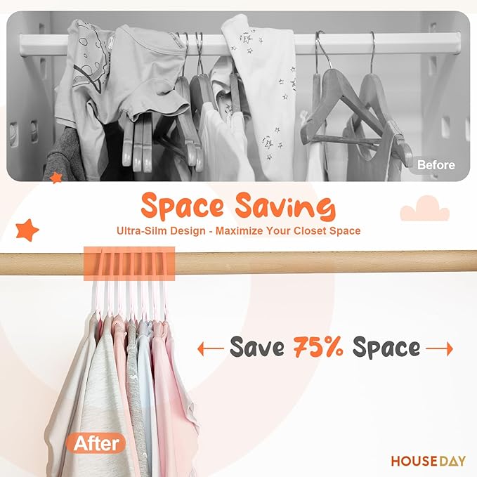 HOUSE DAY Premium Baby Hangers 60 Pack, 11 Inch Kids Plastic Hangers White, Slim Childrens Hangers for Infant, Toddler, and Child Clothes, Durable Baby Clothes Hangers for Closet