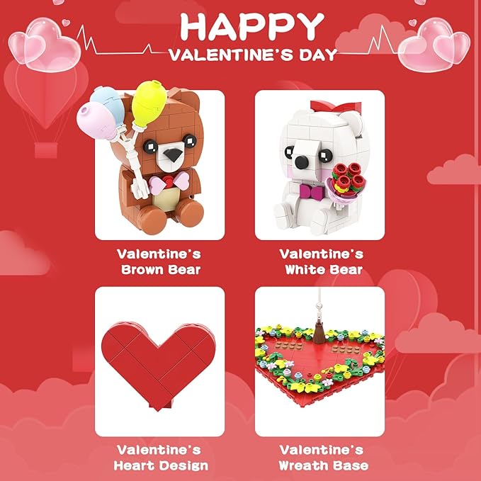 BlockPro Valentine's Day Brown and White Bear Building Set with Rose Bouquet, Love Heart Frame Ornament Building Blocks Set, Valentine's Day Gift for Adults Kids (400PCS)