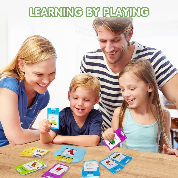 Whongkidz Spanish Talking Flash Cards, Bilingual Toy for Kids Toddlers Pocket Speech Audible Flashcards, Educational Autism Sensory Toys for Autistic Children, Speech Therapy Toys (Blue_112 Cards)