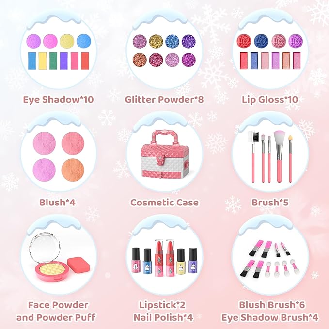 PERRYHOME Kids Makeup Set for Girl 56 Pcs Washable Real Cosmetic, Non-Toxic Frozen Toys Toddler Makeup Kit, Frozen Princess Dress up Kit Christmas & Birthday Girl Gift for 3-12 (Frozen Pink)