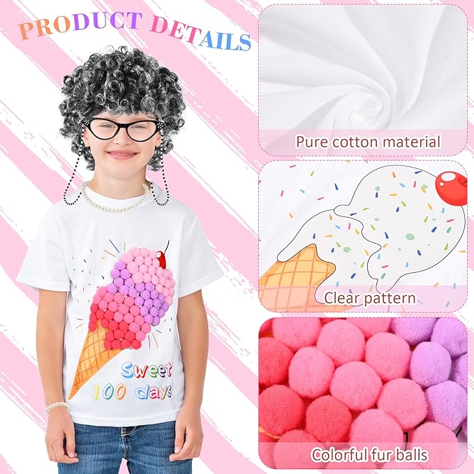 Old Lady Costume for Girls 100 Days of School Costume 100 Days DIY Shirt Pom Poms Balls for Kids Grandma Dress up