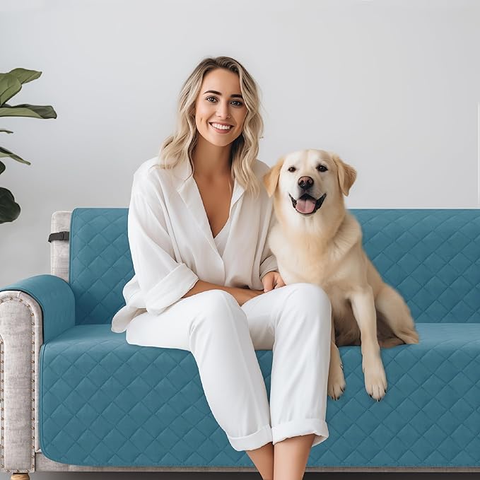 CHUN YI Couch Cover, Water Resistant Slipcover for 3 Cushion Sofa, Washable Sofa Cover with Adjustable Strap Storage Pocket for Living Room Dog Pet (Sofa, Blue)