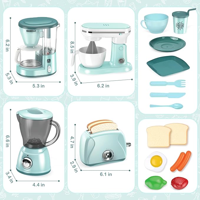 Shemira Play Kitchen Accessories, Pretend Play Kitchen Appliances Toy Set with Coffee Maker, Blender, Mixer, Toaster, Toys for 3 4 5 6 7 8 Year Old, Birthday Gifts for Kids Age 3-5 4-6 6-8 Girls