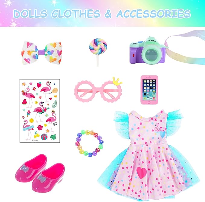 Black Dolls 14.5 Inch Baby Girl Doll with Clothes and Accessories,African Girl Baby Doll Gift for Girls Kids with Doll Pink Flamingo Theme Dress,Camera,Sunglasses Etc