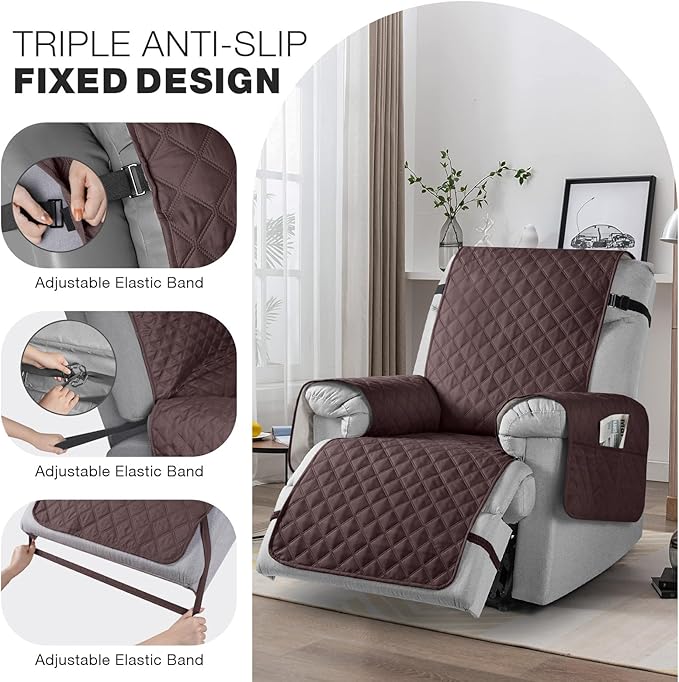 TAOCOCO Non-Slip Recliner Chair Cover Sofa Slipcover, Pet Cover for Large Recliner with Elastic Straps, Washable Chair Seat Cover Recliner Chair Furniture Protector (28'' Oversized, Coffee)