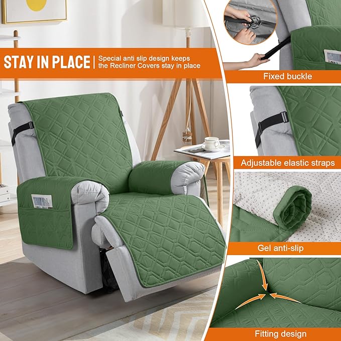 VANSOFY 100% Waterproof Recliner Chair Covers, Recliner Cover Non-Slip Dog Chair Cover Furniture Protector Washable Slipcover with Pocket, Elastic Straps for Pets, Dogs(Vine Green, 28")