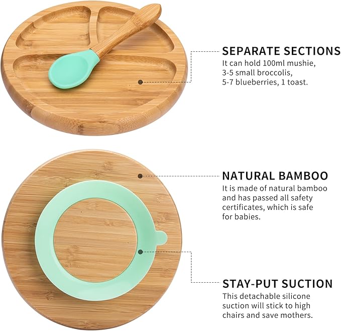 Baby Bamboo Suction Plate, Bowl and Spoon Set, Wooden Feeding Set for Toddler 1-3 Year Old, Silicone Suction Sticks to Most High Chairs for Non Slip & Silicone Spoon Tips with Wood Handle