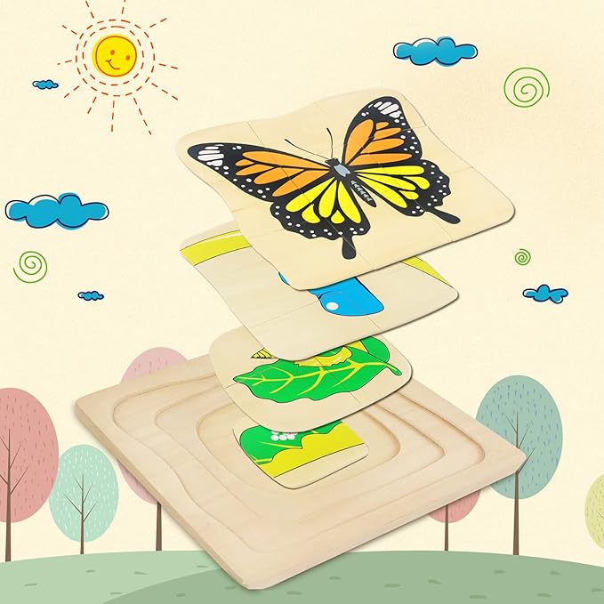 Montessori Wooden Puzzles for Kids Ages 4-8, 4 Layer Life Cycle of Butterfly Jigsaw Puzzle for Toddlers, Children Preschool Learning Educational Puzzles Toys for Boys and Girls (Butterfly)