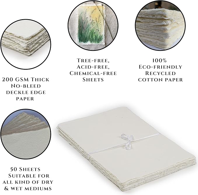 LEATHER VILLAGE Watercolor Paper- 8 X 6 inches, 50 Sheets - Mixed Media Watercolor Paper - 150 GSM Thick Deckle Edge Virgin Cotton Handmade Paper - Off White