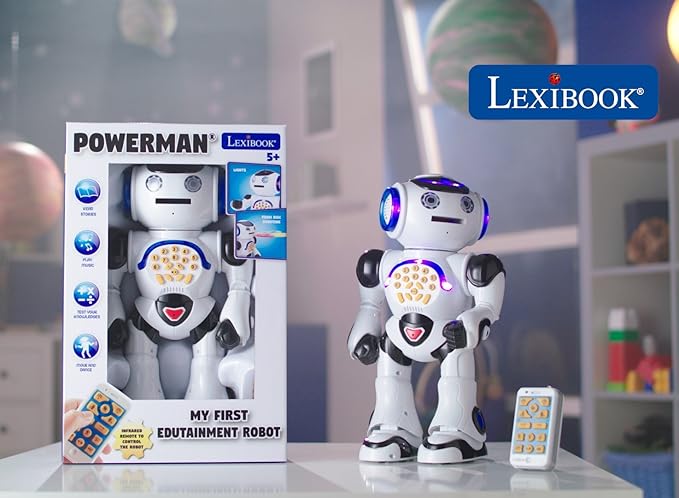 Lexibook Powerman - Remote Control Walking Talking Toy Robot, Dances, Sings, Reads Stories, Math Quiz, Shooting Discs, and Voice Mimicking, for Kids 4+ - ROB50US