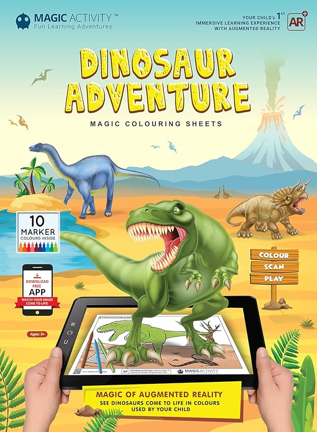 Dinosaur Adventure Augmented Reality Coloring Book w/Educational Learning Activities for Kids Ages 4-8 - Bring Dinosaurs to Life (10 Washable Markers & App Included)