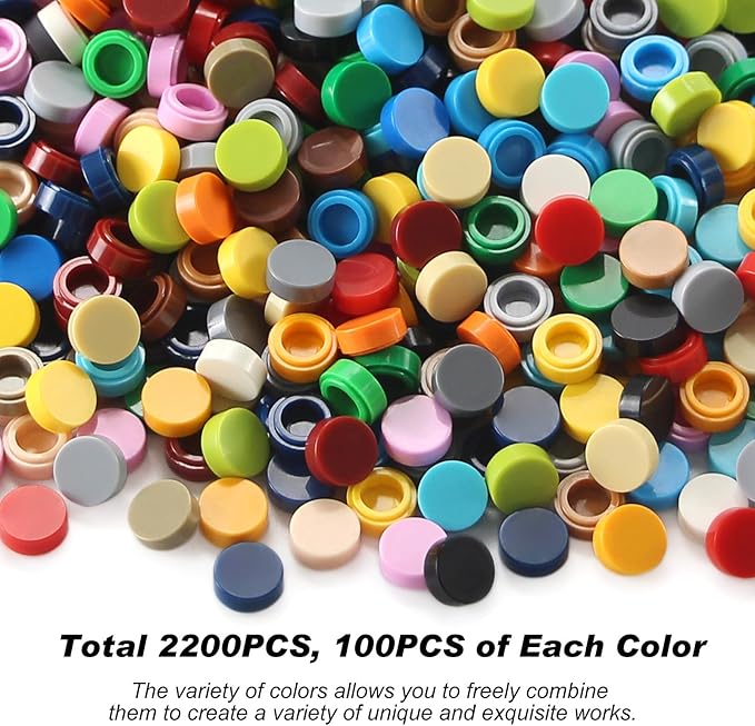 Feleph Custom 1×1 Round Flat Tiles 2200PCS Bricks MOC Parts and Pieces, 22 Colors Bulk Studs Building Accessories for Smooth Surface, Mosaics and Pixel Art Toy Dots Compatible with Major Brands 98138
