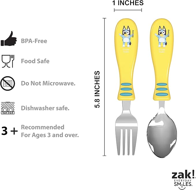 Zak Designs Bluey Kid Flatware Fun Character Art on Both Utensils, Non Slip Fork and Spoon Set is Perfect for Encouraging Picky Eaters to Finish Their Plates, 2 pack (4 PCS)