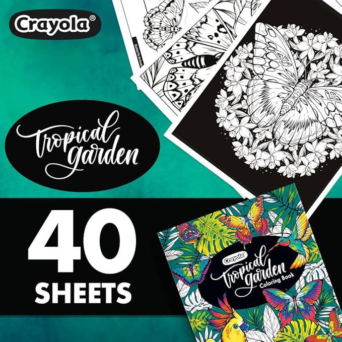 Crayola Tropical Garden Adult Coloring Book (40pgs), Adult Coloring Pages, Stress Relief Activity, Gift for Teens & Adults, 9+