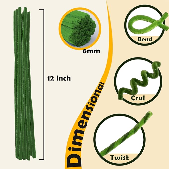 Harmoso 200pcs Green Pipe Cleaners Bulk - Flower Stamens, Leaves, and Stems for Crafting Realistic Handmade Flowers with Pipe Cleaners (12 x 0.24 inches)